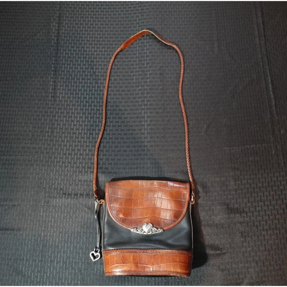 Brighton Vintage Crossbody Bag Black Brown Croc Embossed‎ Leather Heart Hardware